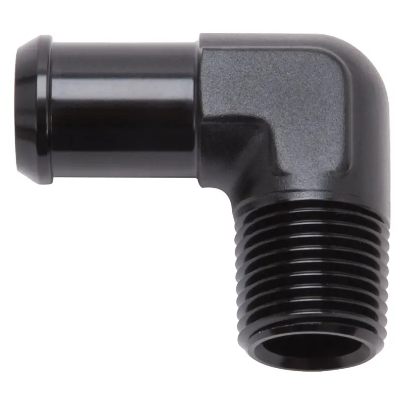Edelbrock 90-Degree Hose Fitting: 1/2" Npt To 1/2" Barb, Black Anodized 1