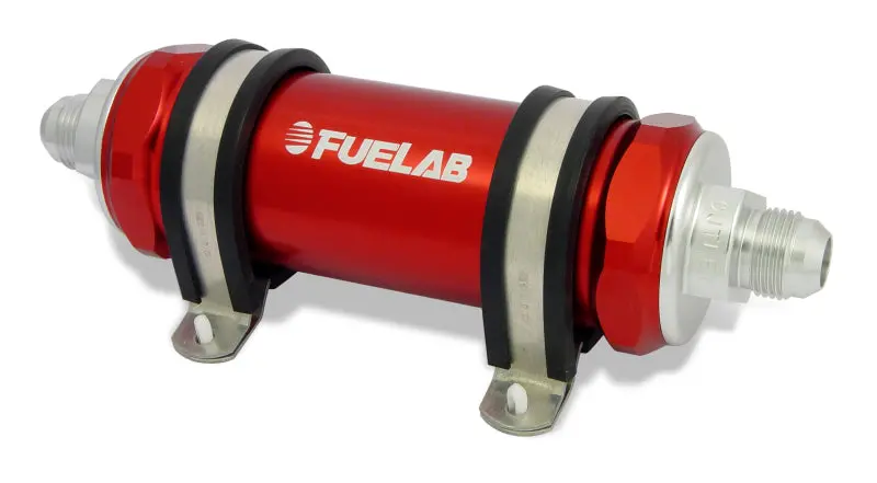 Fuelab 858 Inline Fuel Filter – -8 An Inlet/Outlet, 100-Micron Stainless Steel With Integrated Check Valve, Red Finish 1