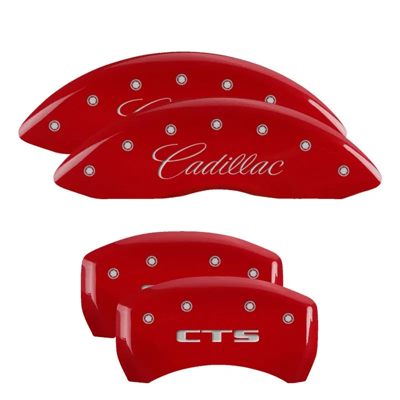 Mgp 4 Caliper Covers Engraved Front Cursive/Cadillac Engraved Rear Cts Red Finish Silver Ch 1