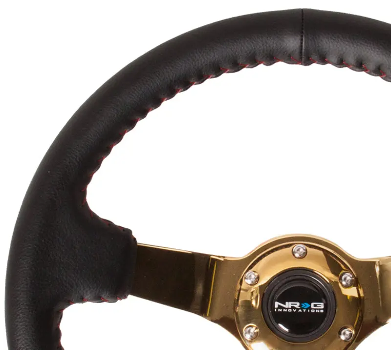 Nrg Reinforced 350Mm Steering Wheel – Black Leather & Red Basketball Stitch, 3" Depth, Gold 4Mm Spokes 1